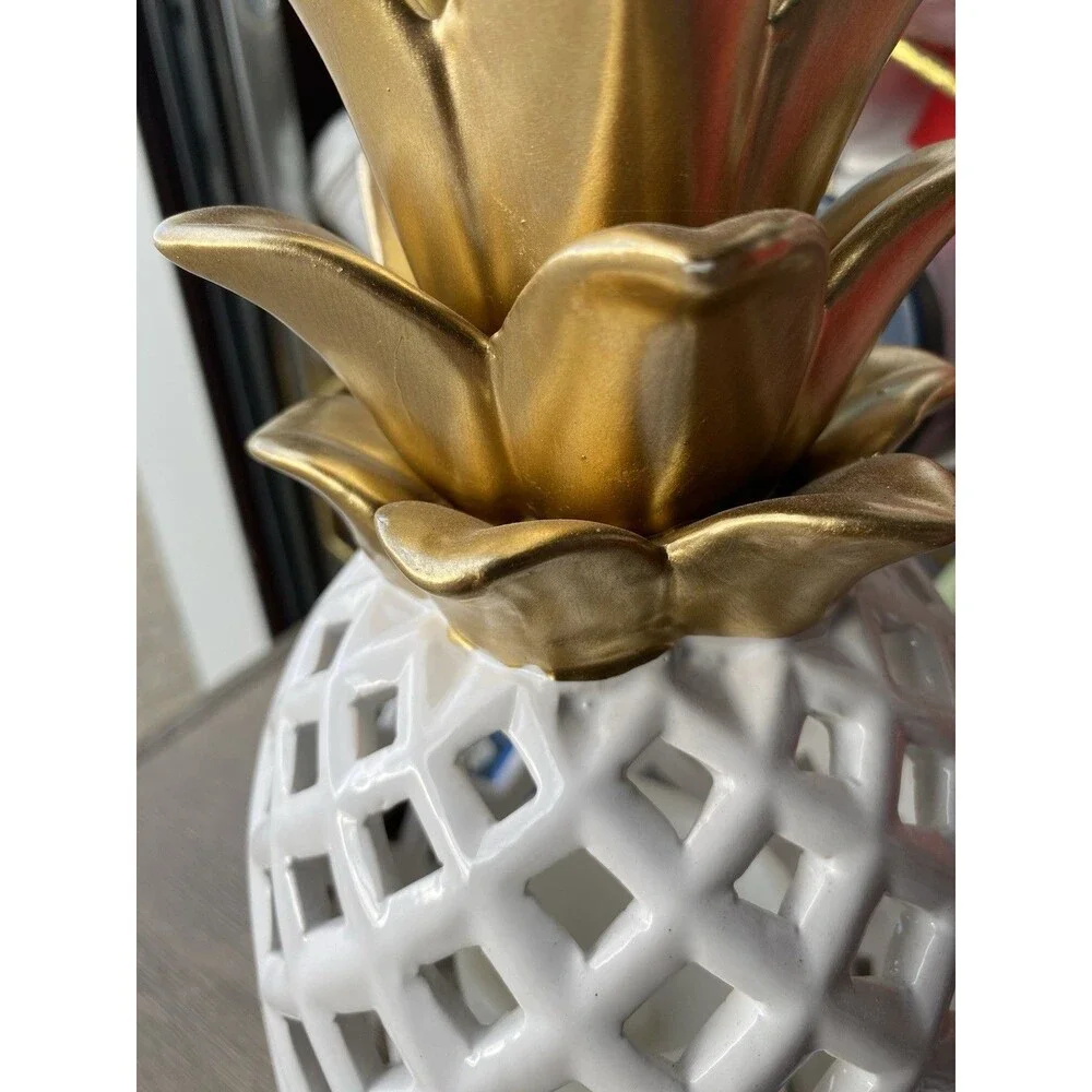 CK Designs Ceramic Pineapple LED Lantern White Gold Battery Operated 12”